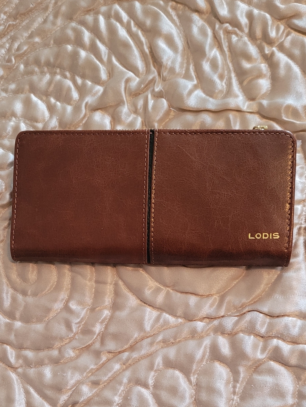 Lodis Brown Leather Zip Wallet with Gold Accents NWOT